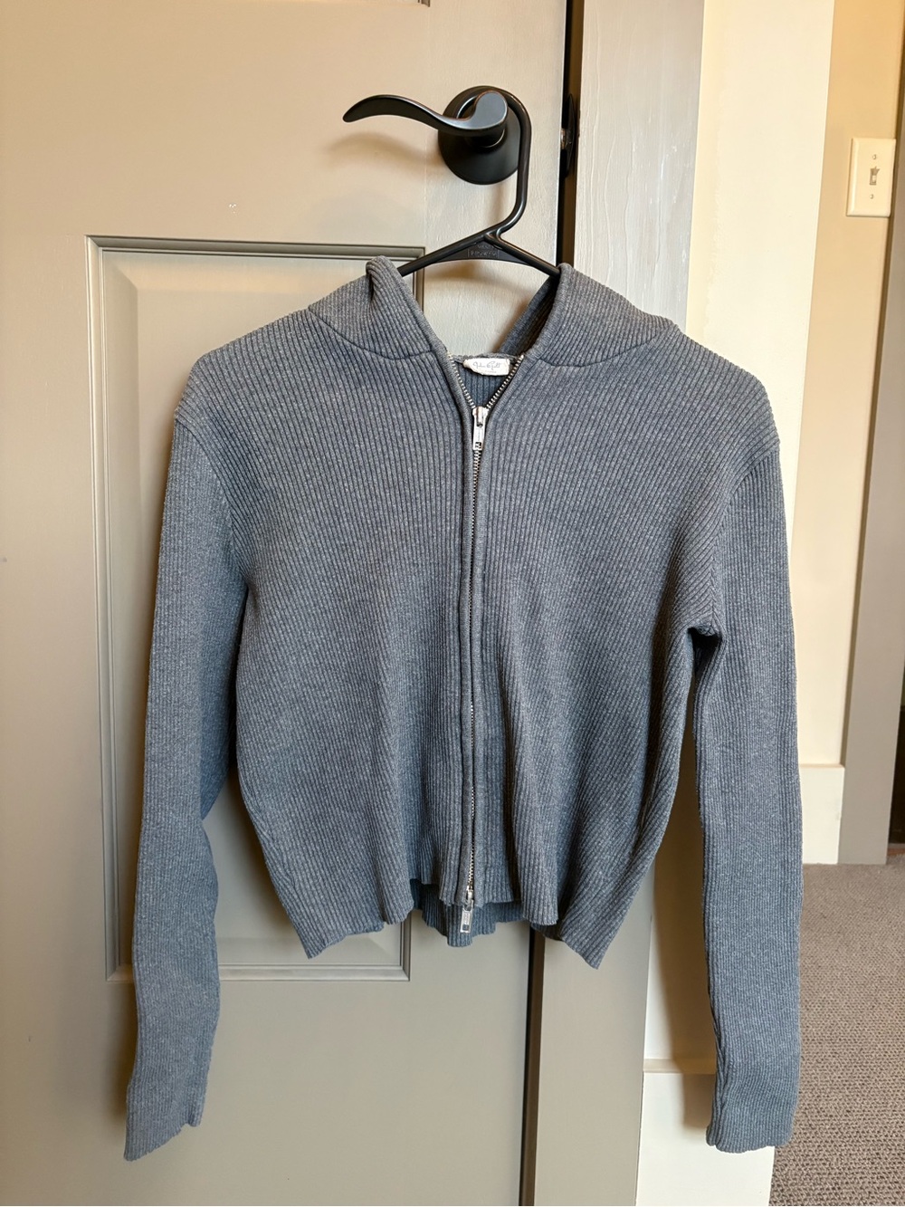 Brandy Melville Gray Ribbed Zip-Up Hoodie Sweater